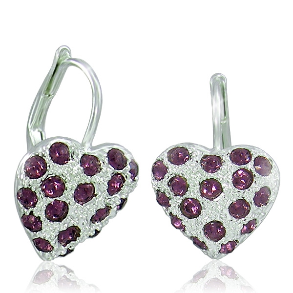 Náušnice Srdíčko Amethyst - Celostříbrné náušnice Ag 925/1000